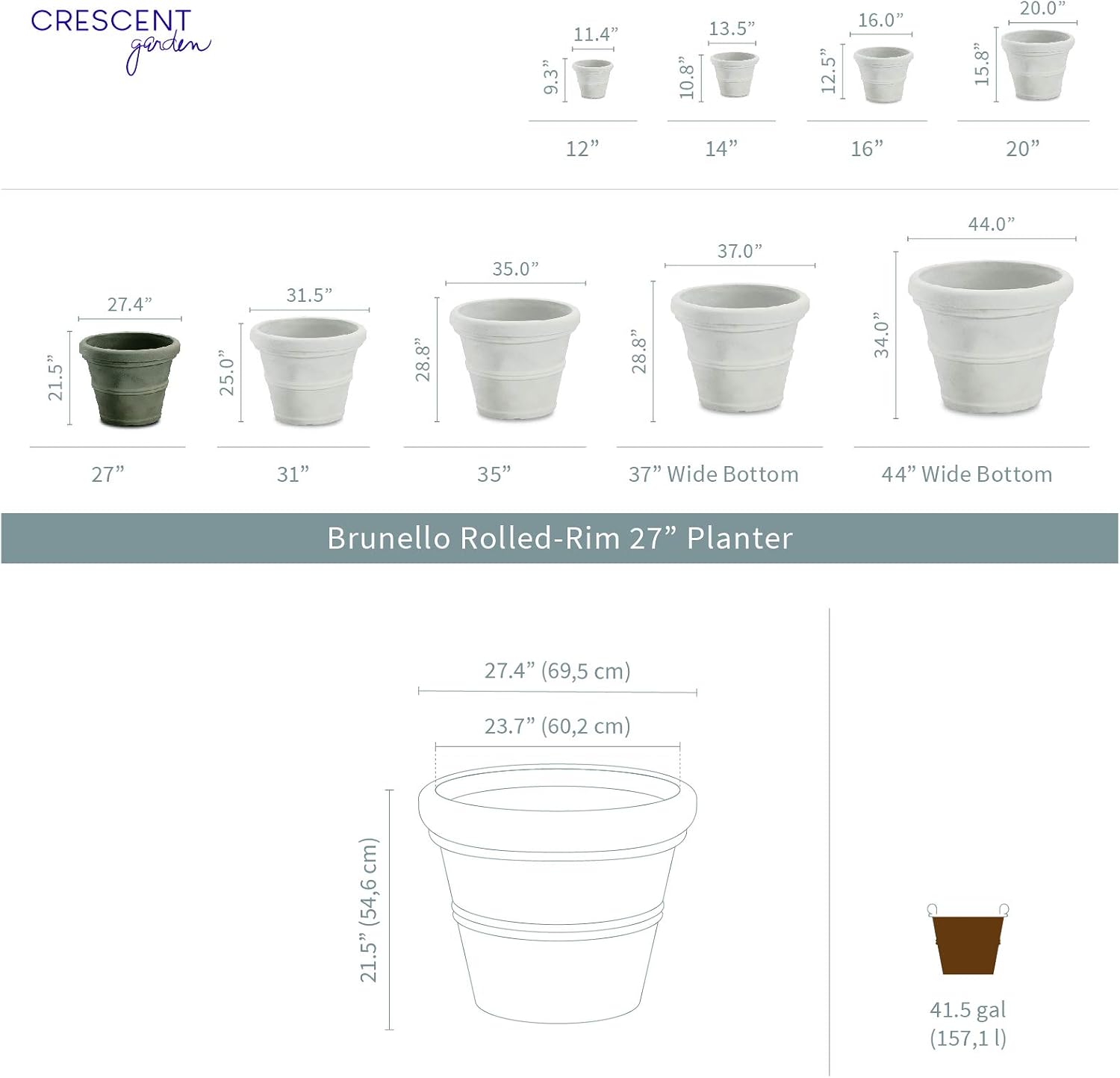 Crescent Garden Brunello Classic Gray Rolled Rim Planter Pot, Lightweight Indoor/Outdoor Weather-Safe Round Plant Pot, 27''W (Weathered Concrete)
