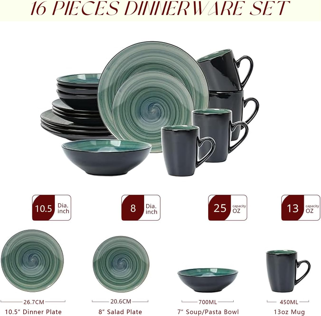 HomeVss, Sonoma Stoneware Dinnerware Set, Outside Black + Inside Hand Painting Color (16pc Set, Grey)