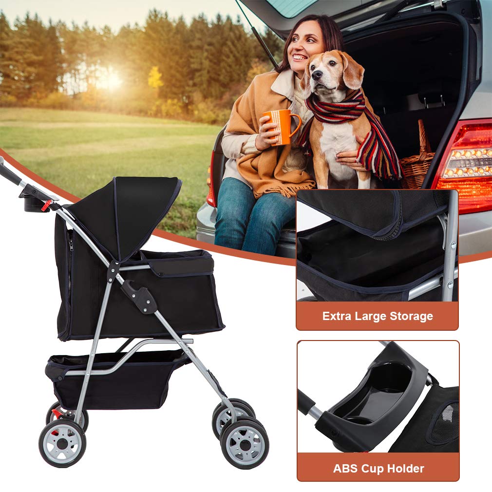 BestPet | 4-Wheel Foldable Pet Stroller | Black | Lightweight & Portable | Travel Carrier with Mesh Windows, Storage Basket, Cup Holder, Safety Brakes, and Waterproof Fabric | For Small Dogs and Cats