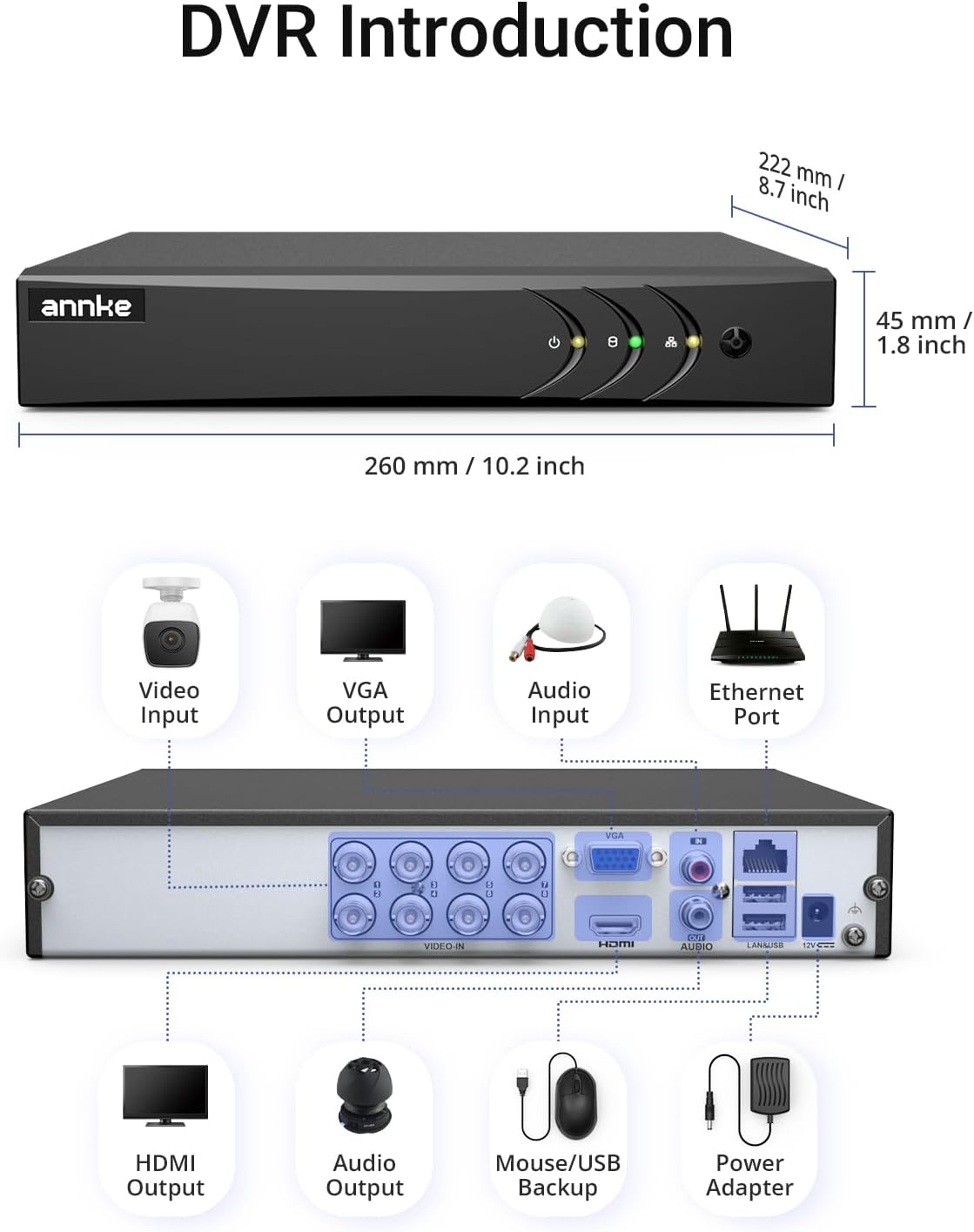 ANNKE 3K Lite 8 Channel DVR for Security Camera, 2TB Hard Drive Disk, Black | H.265+ 5-in-1 Digital Video Recorder, AI Human/Vehicle Detection