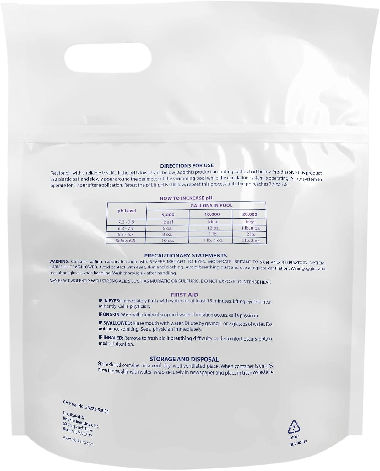 Robelle 5-Pounds Premium pH Up for Swimming Pools | 100% Sodium Carbonate, Raises pH, pH Increaser, Easy To Use, Works Fast