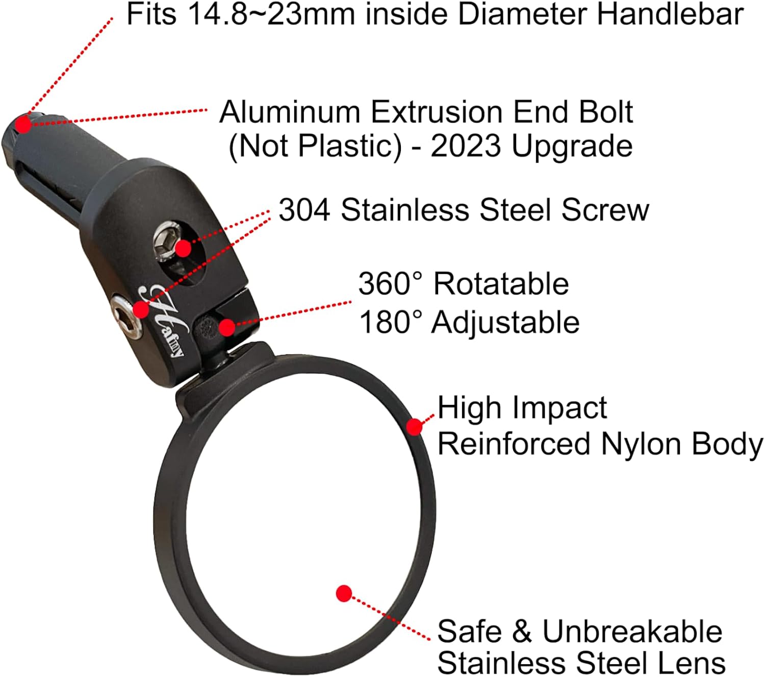Hafny Bike Mirror, Bike Bar End Mirror, Unbreakable Stainless Steel Lens, Safe Adjustable Rearview Mirror, Cycle, E-bike, HF-MR083/HF-M851-FR03 (Black 62mm Dia)