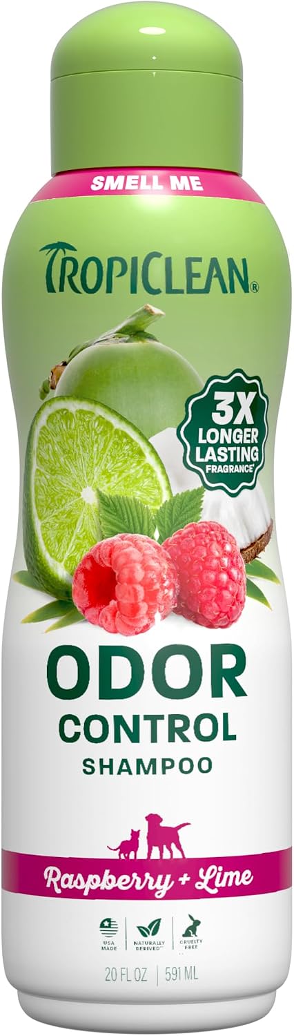 TropiClean Deodorizing Dog Shampoo for Smelly Pets, Long Lasting Odor Control, Puppy Safe, Made in the USA, Berry Scent, Cat Friendly, 20oz.