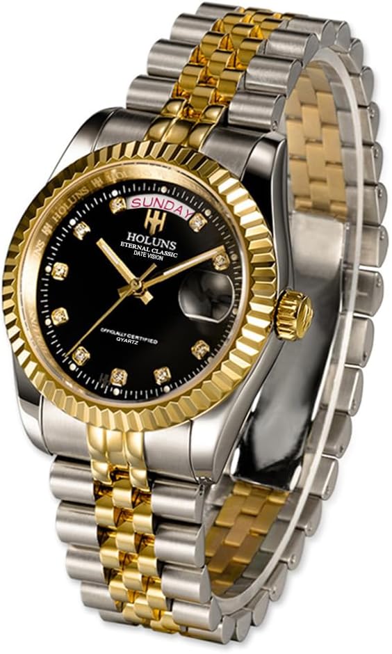 41MM Men's Gold Plated Stainless Steel Waterproof Quartz Watch Luxury Wristwatch with Date Week Display