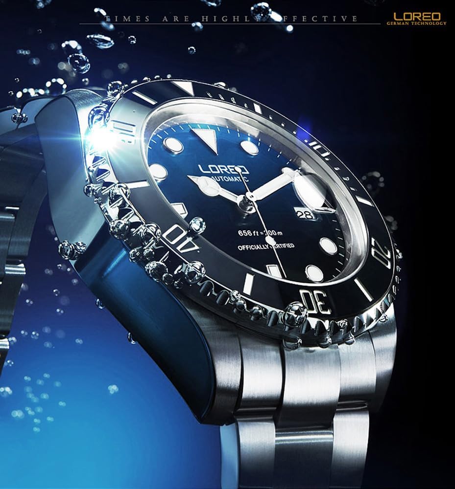 LOREO Men's Automatic Watch Sapphire Crystals 200M Waterproof | Rotating Bezel Luminous Markers and Hands Date 316L Stainless Steel Case and Bracelet Waterproof Watch