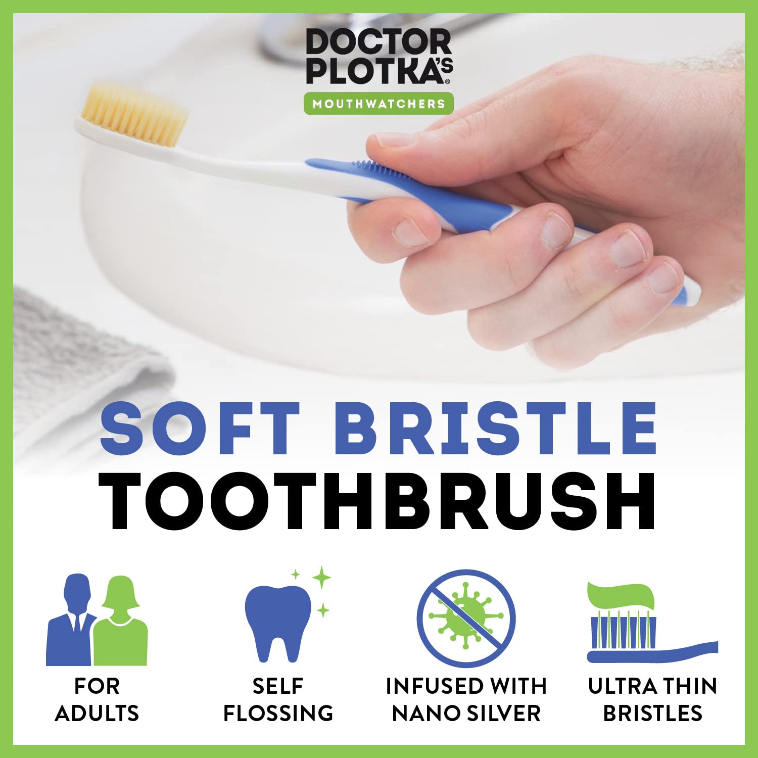 MOUTHWATCHERS Soft Flossing Toothbrushes for Adults, Value 6 Pack, Ultra Clean Manual Toothbrush Set for Sensitive Teeth & Gums, by Dr. Plotka