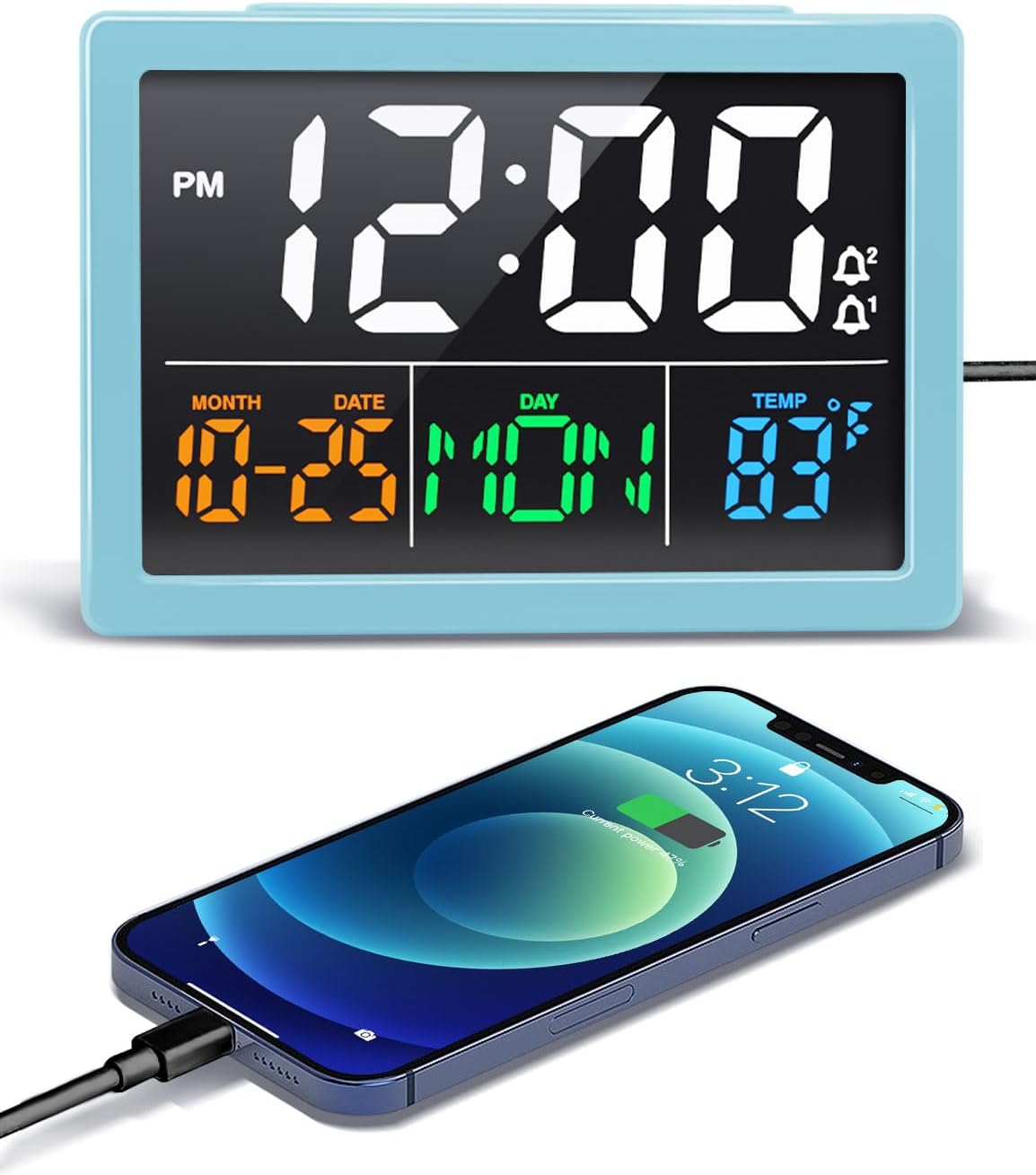 JALL Digital Clock with Date Day for Seniors, Electric Alarm Clocks for Bedrooms with Temperature, 2 Alarms, Dimmer, Dual USB Charger, Battery Backup