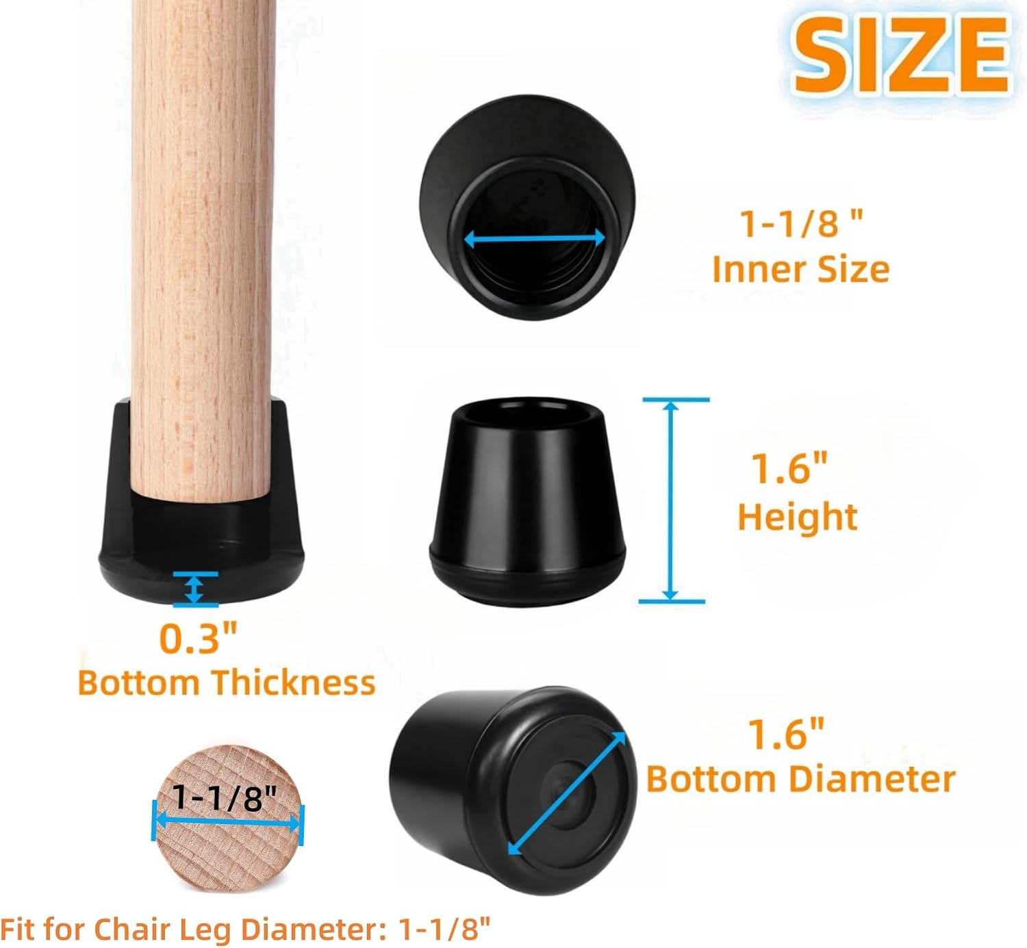 Furnigear Chair Leg Tips Caps Non-Slip Rubber Leg Tips 1-1/2” Inner Diameter Chair Leg Floor Protectors Round Black 4 Pack (Fit Round Diameter