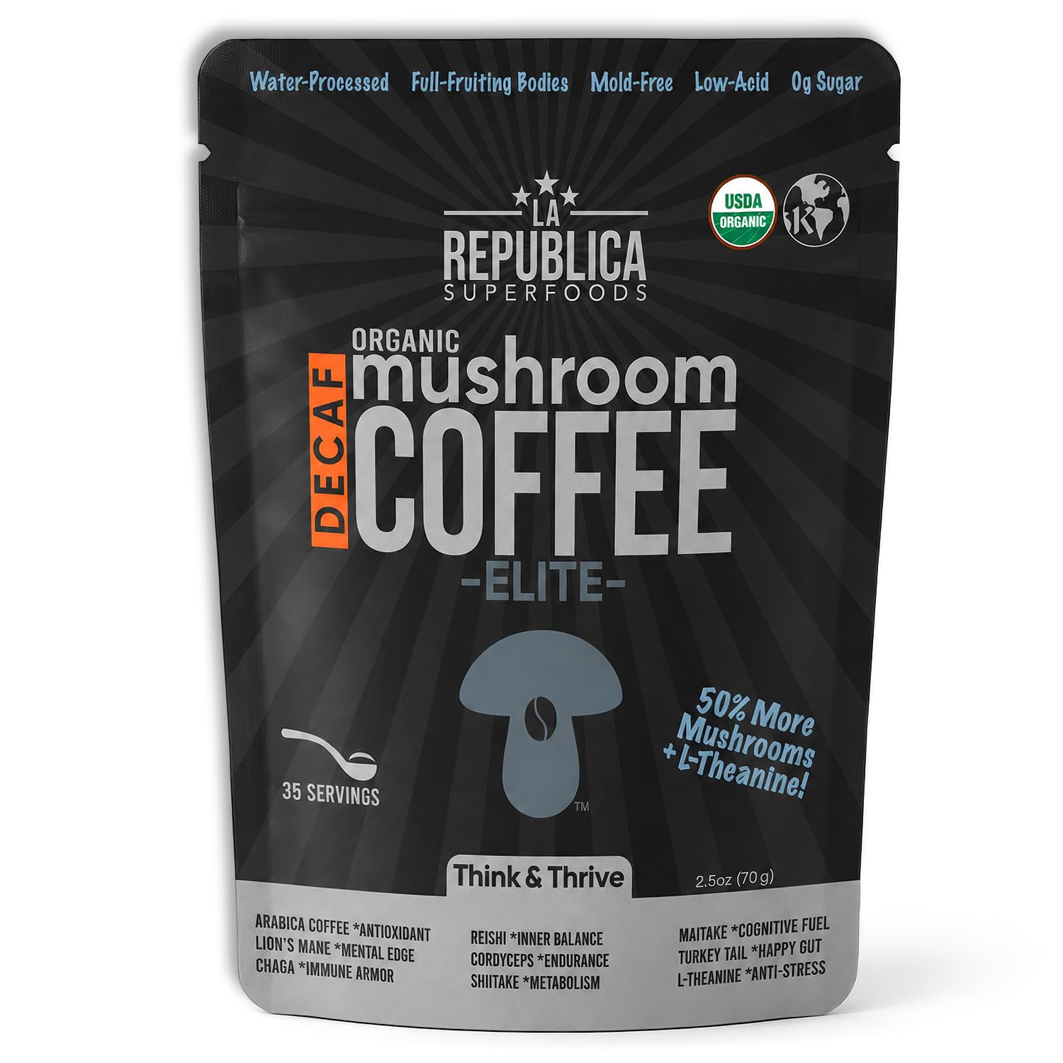La Republica DECAF Organic Mushroom Coffee (35 Servings) with 7 Superfood Shrooms, Great Tasting Instant Mix Includes Lion's Mane, Reishi, Chaga, Cordyceps, Shiitake, Maitake, and Turkey Tail (Decaffeinated)
