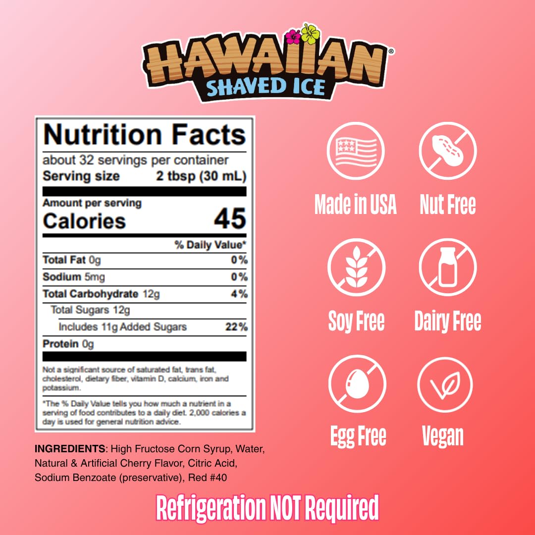 Hawaiian Shaved Ice Blue Raspberry Syrup - Made Nut Soy Dairy Free in the USA - Flavor Fluffy Shaved & Crunchy Snow Cone - Shelf Stable After Opening - Makes 8 Servings - 16 ounces