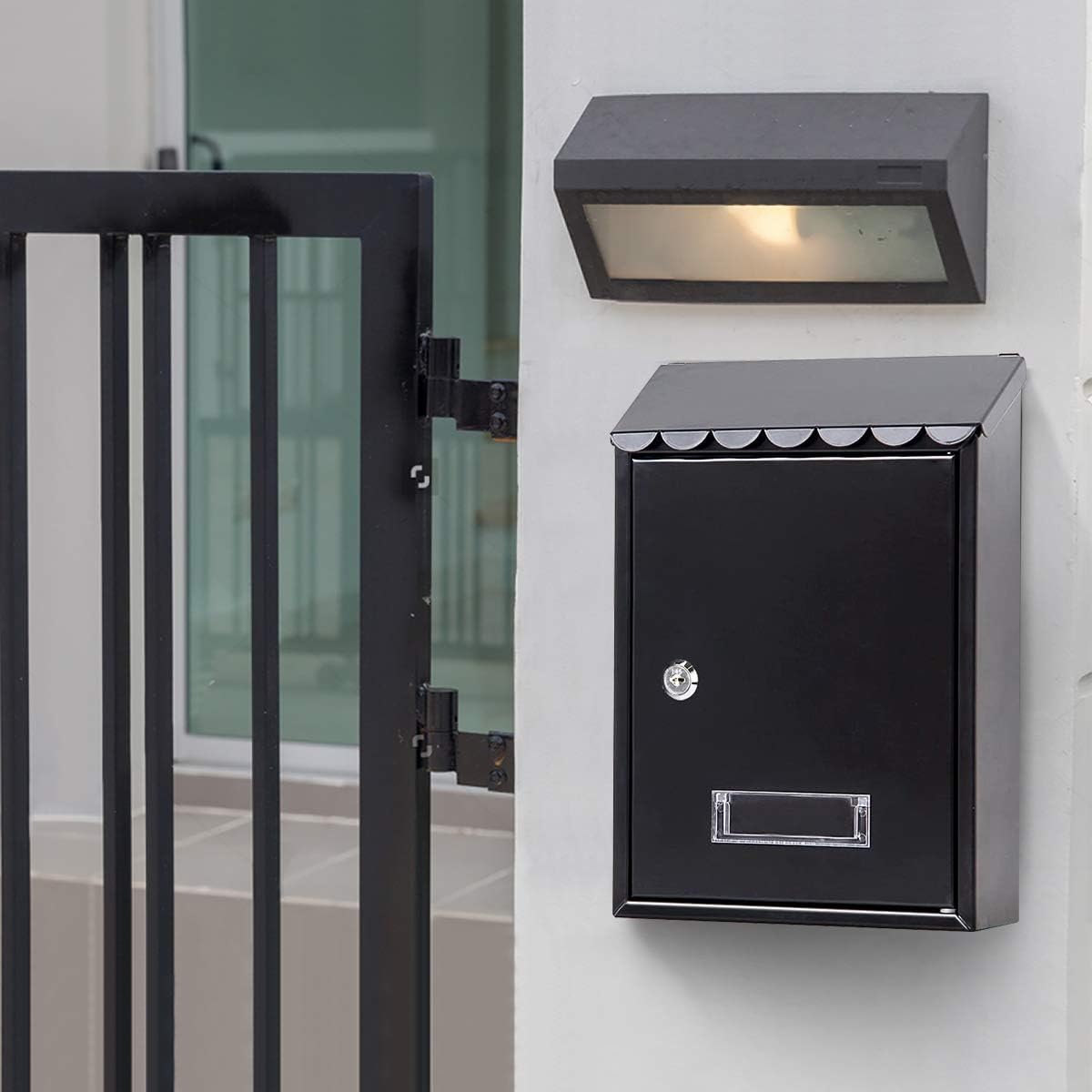 Locking Mailbox Wall Mount for Outside– Jssmst Mailboxes with Key Lock for Front Door Fence, Large Capacity Letter Box, 14.3 x 4.1 x 11.8 Inch, Black, SM-HPB911BN