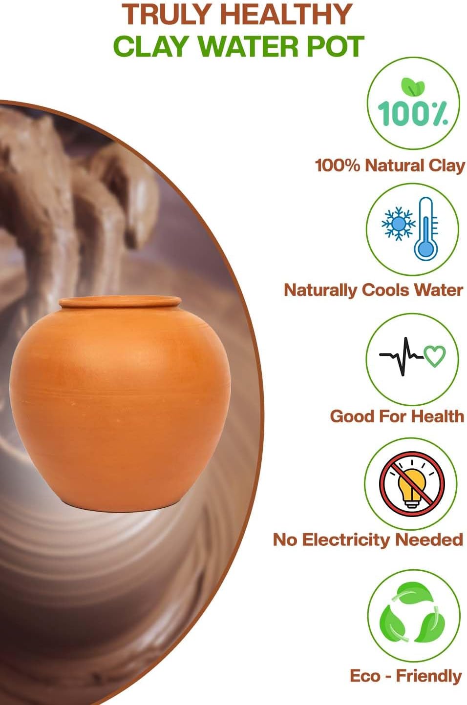 Village Decor Terracotta Water pot With Lid & Glass |Preseasoned Terracotta Mud(Capacity 6000 ml / 202 oz)