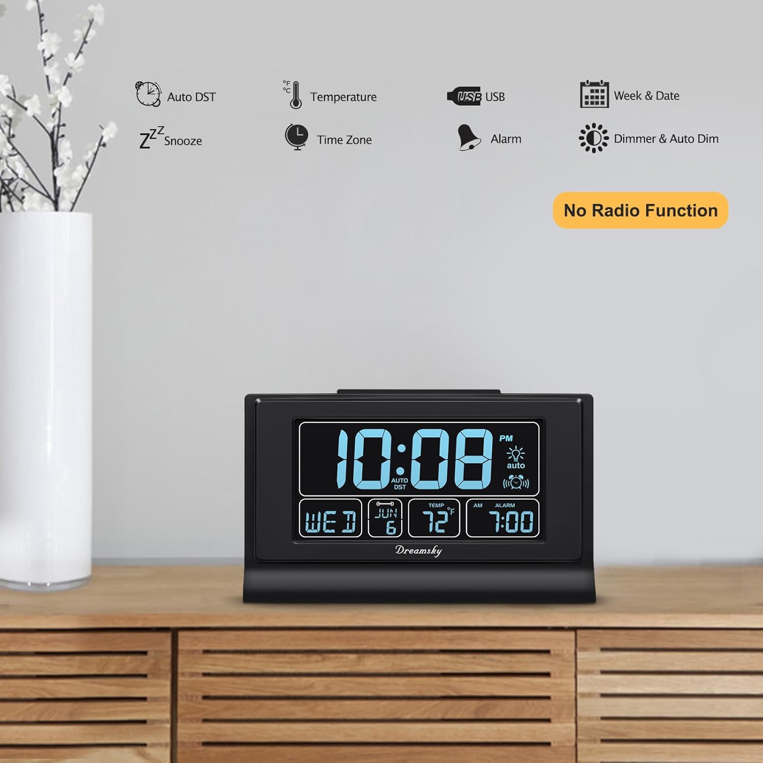DreamSky Alarm Clocks for Bedrooms with Battery Backup, Auto Set | Digital Clock with Date & Day of Week, 5 Inch Large Display, Weekday, Temperature, USB Port, Auto DST, Brightness Dimmer