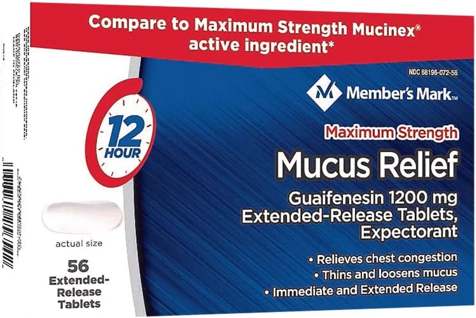 Members Mark Mucus Relief Maximum Strength Guaifenesin 1200mg, 56 Tablets
