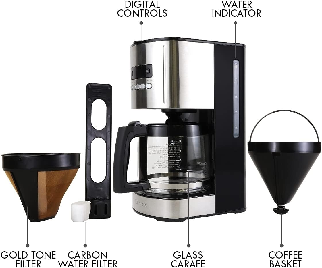 Kenmore Coffee Maker 12 cup Drip Coffee Machine Reusable Filter Programmable Timer Digital Display Aroma Control Glass Carafe Charcoal Water Filter