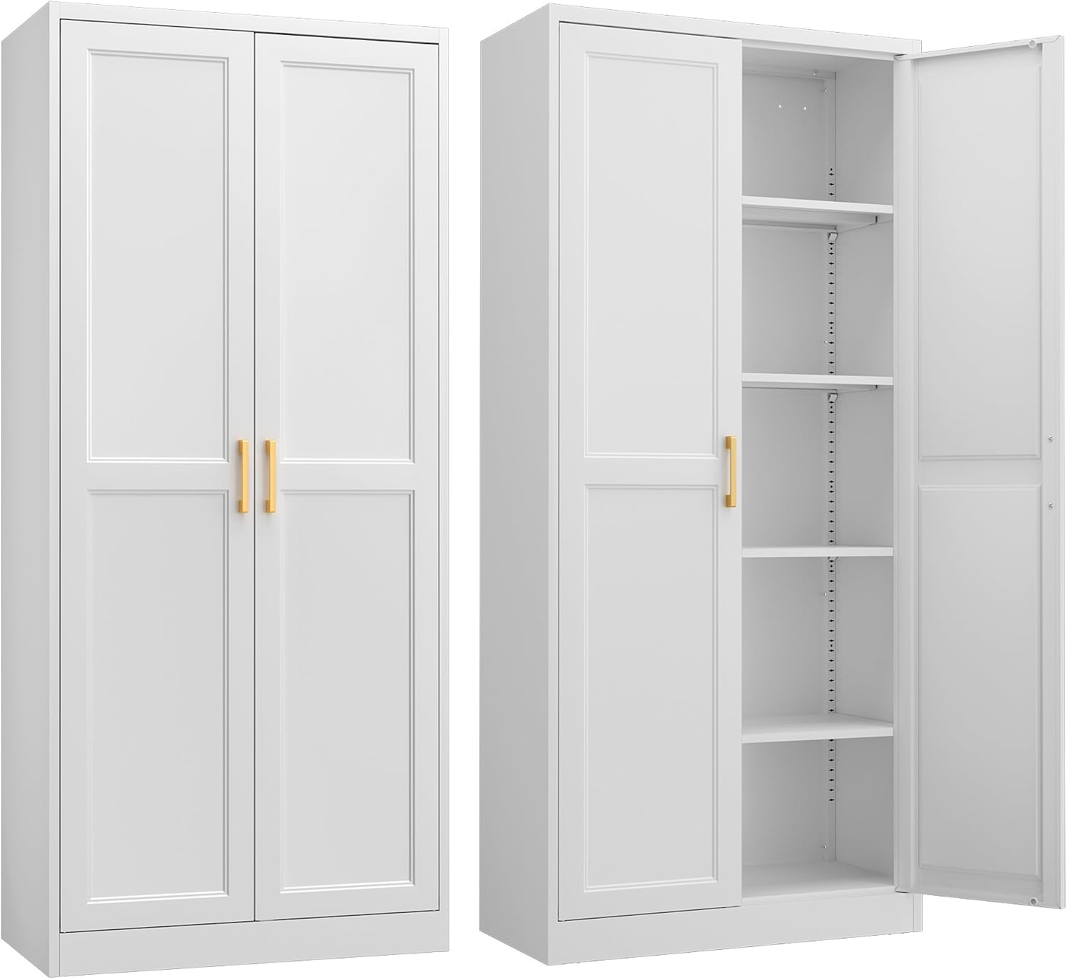 Steeloong 71"Metal Pantry Storage Cabinet with Doors & 4 Adjustable Shelves | Kitchen Pantry Cabinet,White Kitchen Cabinet with 2 Gold Handles,Tall Cabinet for Livingroom,Pantry, Bathroom,Kitchen