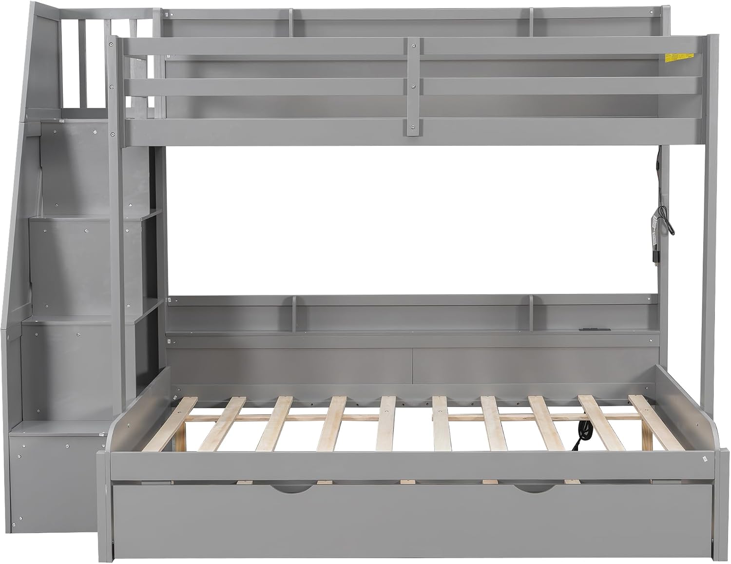 Bellemave Full Over Full Bunk Beds with Stairs Stairway Bunk Bed Frame with Storage Shelves for Teens Adult, Detachable Wood Full Bunk Bed, Gray