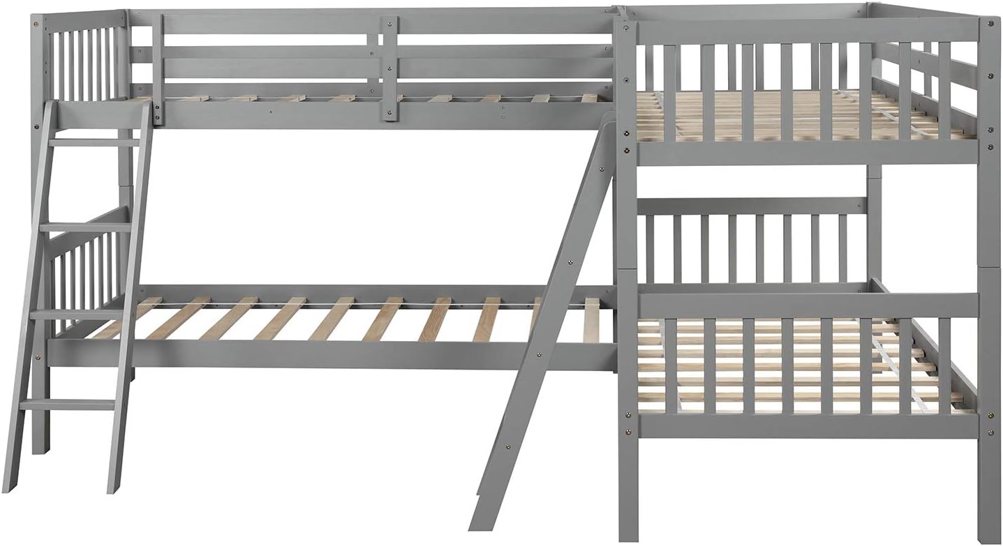 Harper & Bright Designs Twin L-Shaped Bunk Bed with Trundle, Can be Divided into Two L-Shaped Beds, No Spring Box Needed (Grey)