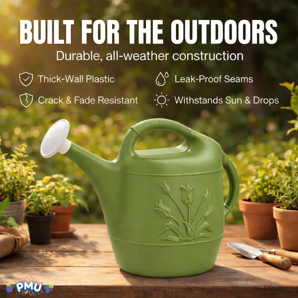 PMU 2 Gallon Watering Can - Garden Watering Can for Indoor & Outdoor Plants - Plastic Water Can with Detachable Sprinkler Head - Large Water Pot, Made in USA - Hunter Green Pkg/1
