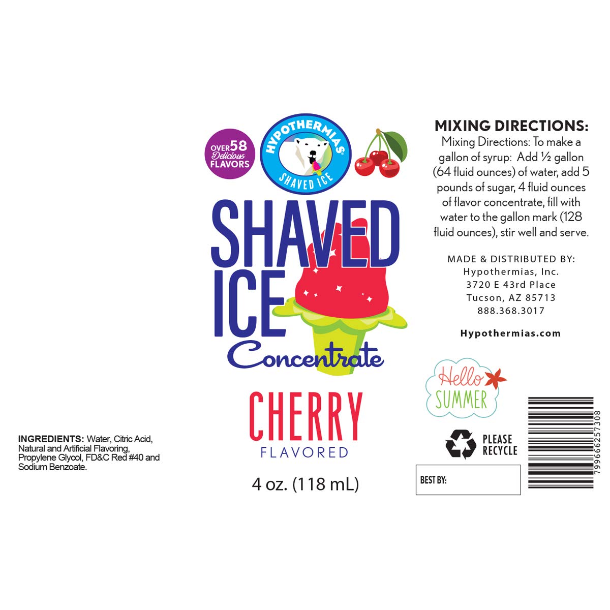 Hypothermias Shaved Ice and Snow Cone Syrup Unsweetened Flavor Concentrate - 4 Fl Oz - Makes 1 Gallon of Ready to Use Syrup - Cherry - Must Add