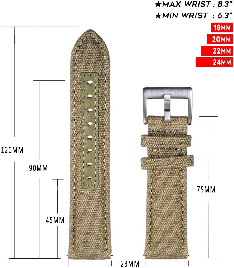 hemsut h Canvas Watch Bands, Quick Release Military Watch Strap, Fabric Replacement 18mm Watch Bands for Men