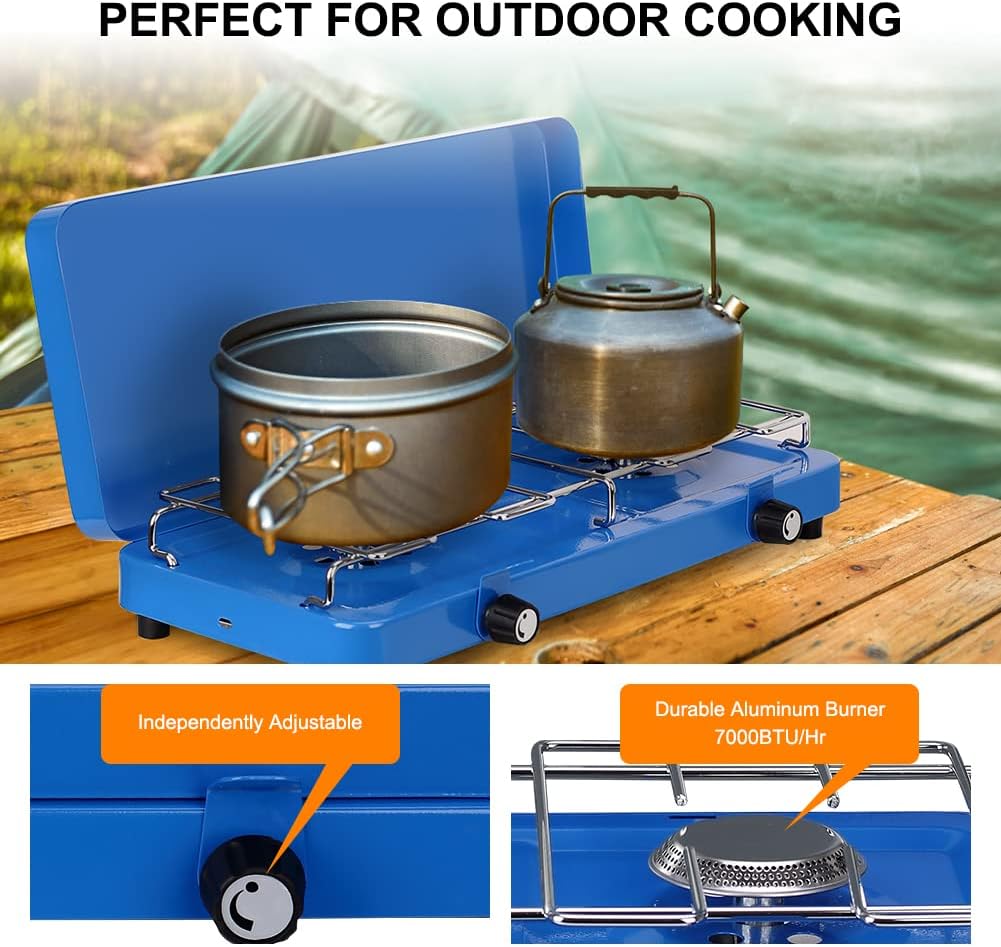CAMPLUX 2 Burners & 1 Grill Propane Camping Stove, 15, 000 BTU Portable Outdoor Propane Camping Grill Burner with Free Standing Legs
