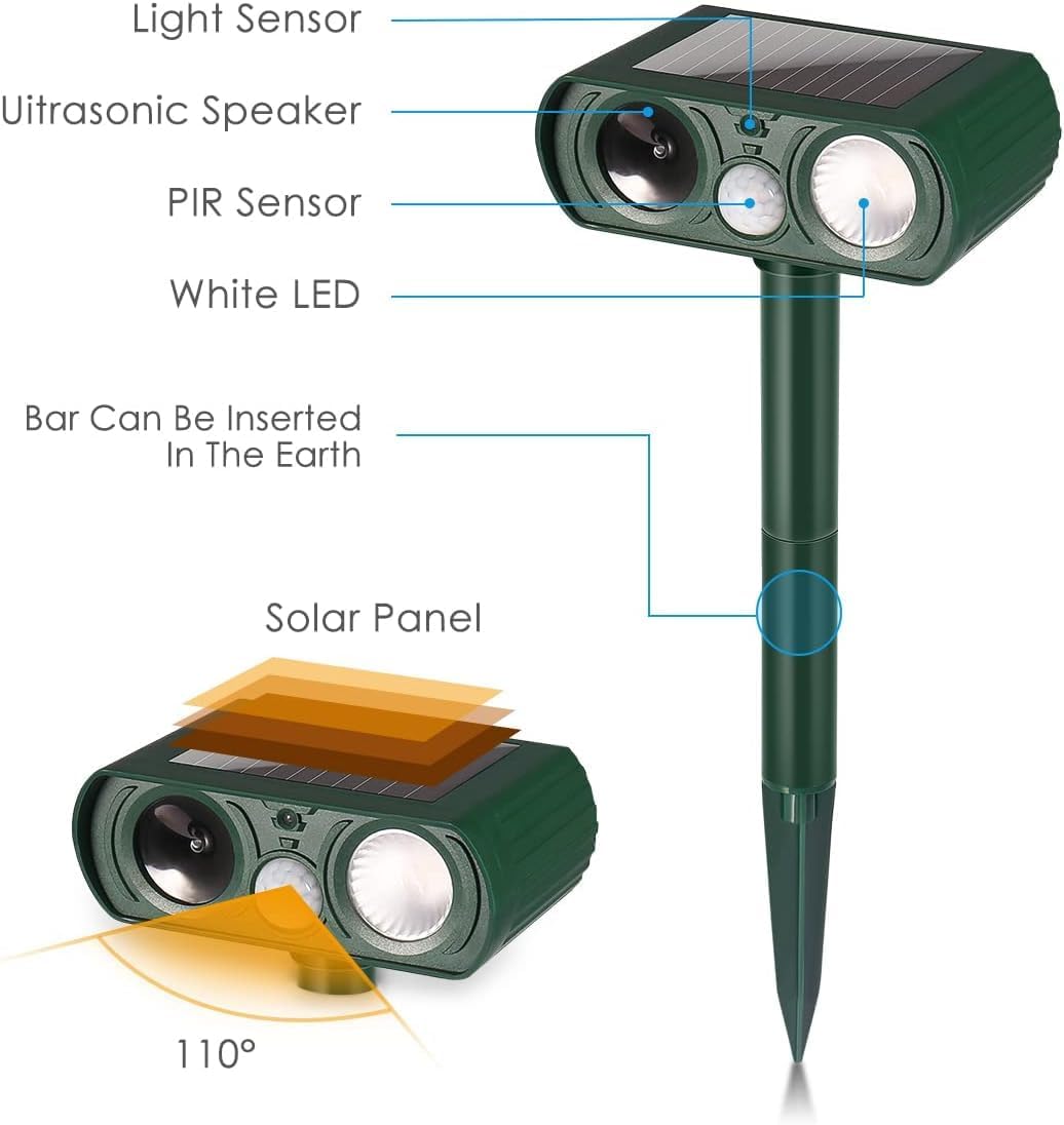 Animal Repellent Solar Powered Ultrasonic Animal Repellent Motion Sensor and Flashing Light Outdoor Weatherproof Farm Garden Lawn for Cat Dog Coyote