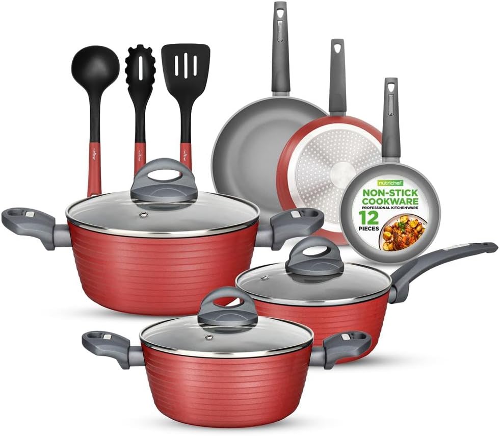 NutriChef Professional 12-Piece Nonstick Cookware - PFOA/PFOS-Free, Heat Resistant Lacquer, Elegant Design, Multi-Sized Pots and Pans, Teal/Gray/Green