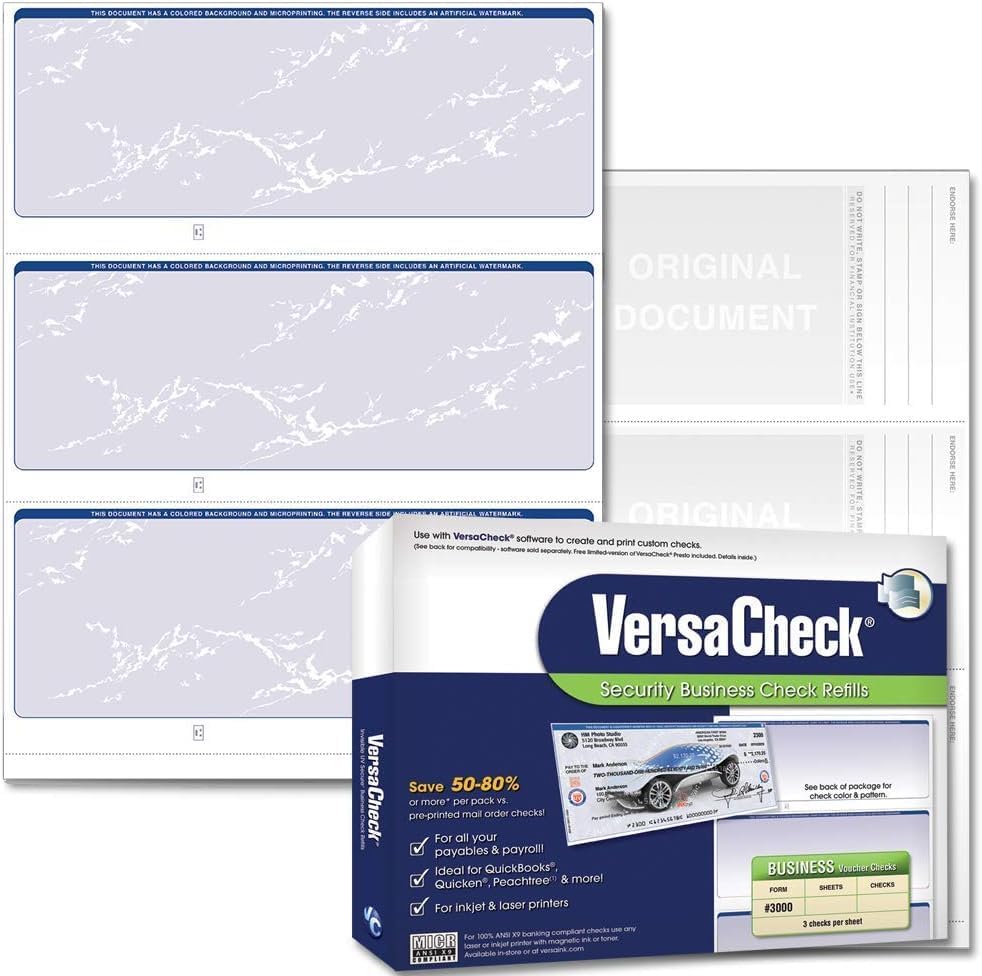 VersaCheck Secure Checks - 750 Blank Business Checks - Blue Prestige - 250 Sheets Form #3000-3 Per Sheet