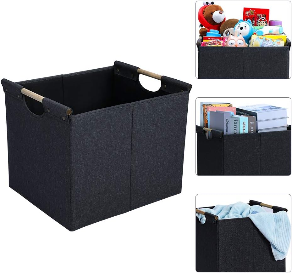 HOONEX Large Collapsible Storage Bins, Linen Fabric, 2 Pack, Storage Baskets with Wooden Carry Handles and Sturdy Heavy Cardboard, for Home, Office