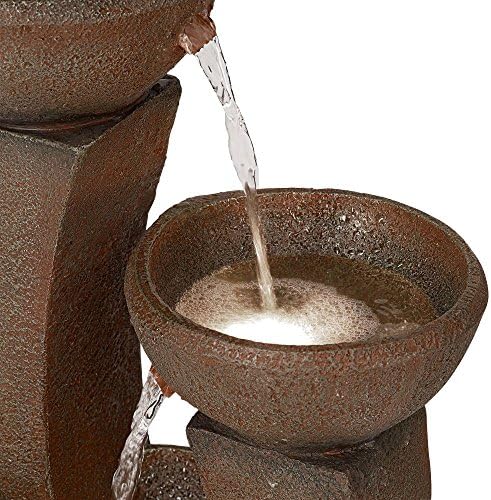Curved Columns 31" High LED Light Modern Outdoor Indoor Large Fountain | Zen Decor Faux Stone Floor with Standing Waterfall Bowl Water Feature for