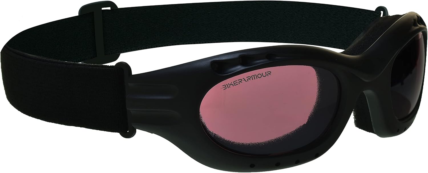 Bikershades Motorcycle Safety Riding Goggles Men Women. Polarized Lens, Smoke, Mirrored Blue or Orange, Clear Yellow Lenses