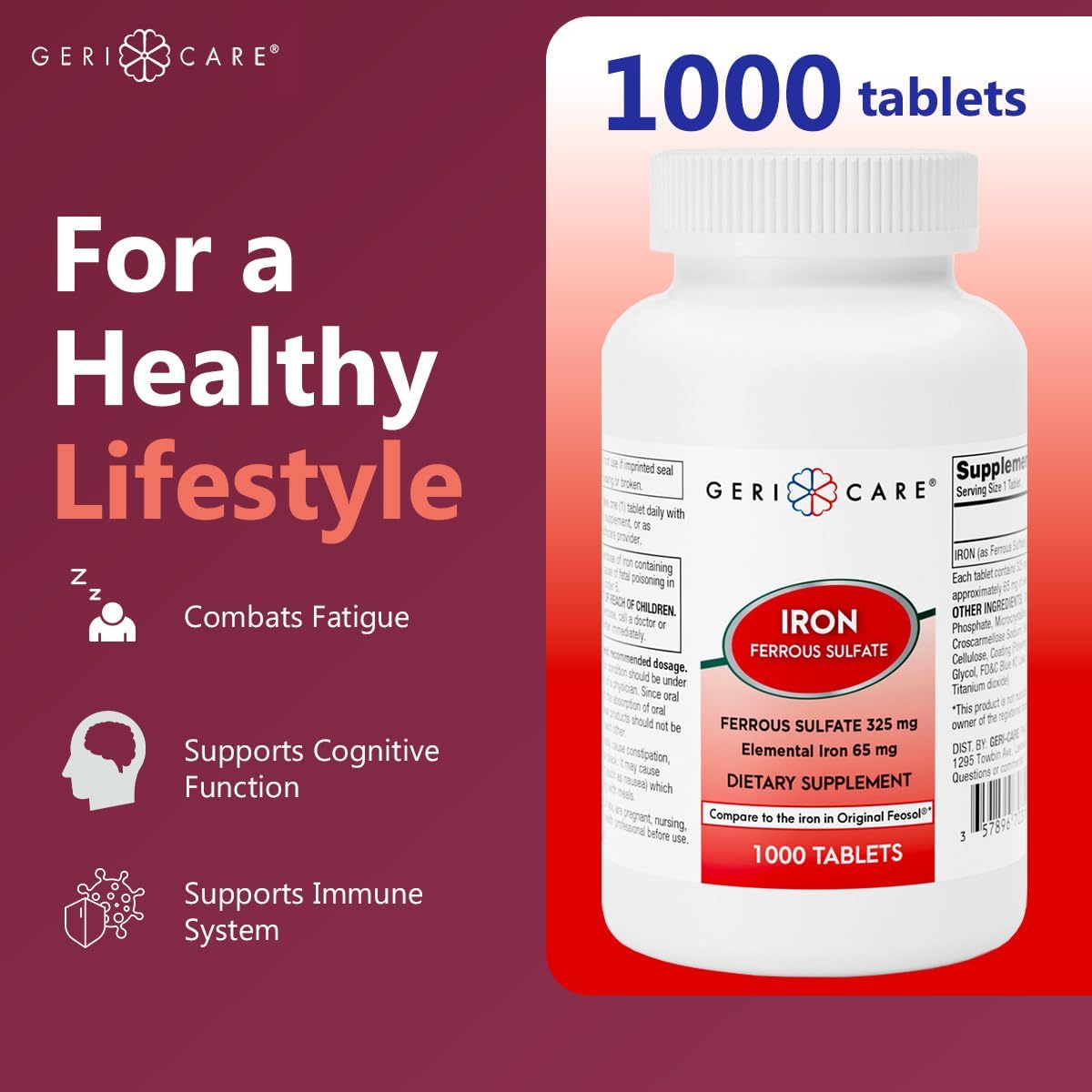 GeriCare Ferrous Sulfate Tablets 325mg, Elemental Iron 65 mg High Potency Iron Supplement | Dietary Supplement 100 Count. (Pack of 1)
