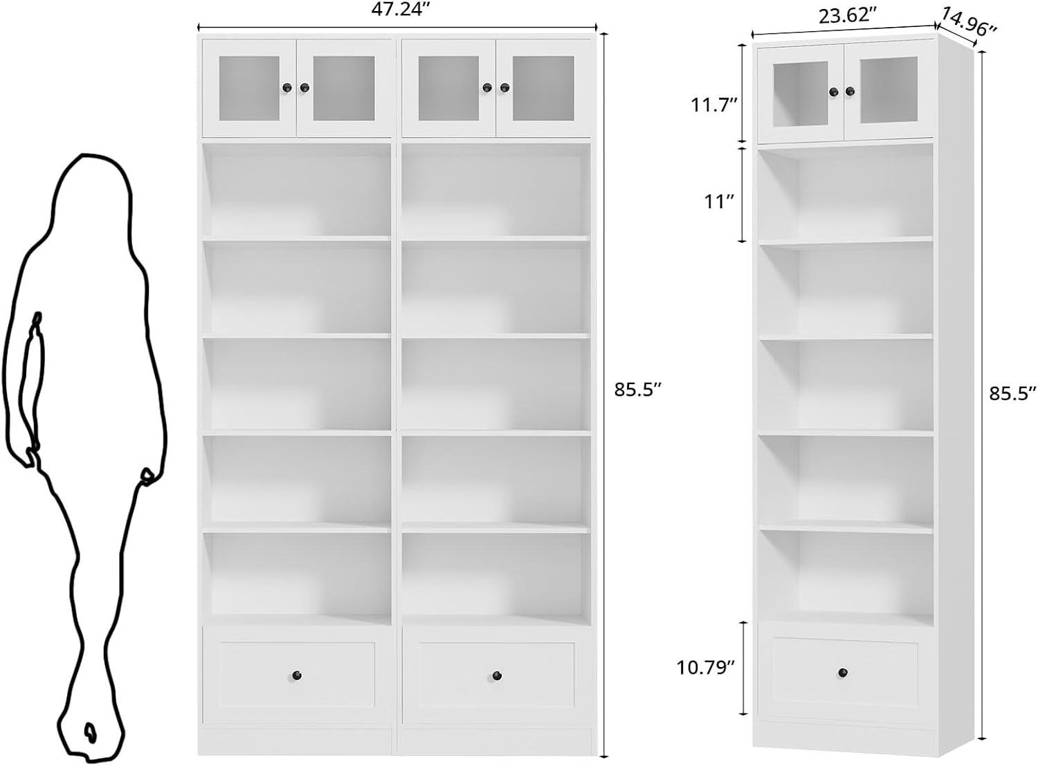 TUSY 85.5 Inch Tall Bookshelf with Doors - 7 Tier Bookcase with Glass Doors and Drawer, 23.6" Wide Storage Cabinet with Open Shelves for Living Room, White Book Shelf for Home Office, Study (AAAA)