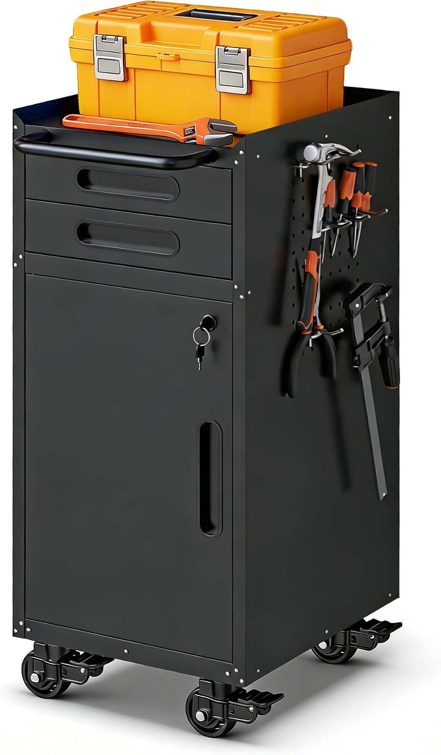Metal Storage Cabinet for Garage, Tool Cabinet, Utility Cabinet | Wheeled, Rolling Tool Cabinet, 6 Drawers, Top Countertop, Pegboard, Assembly Required, Black