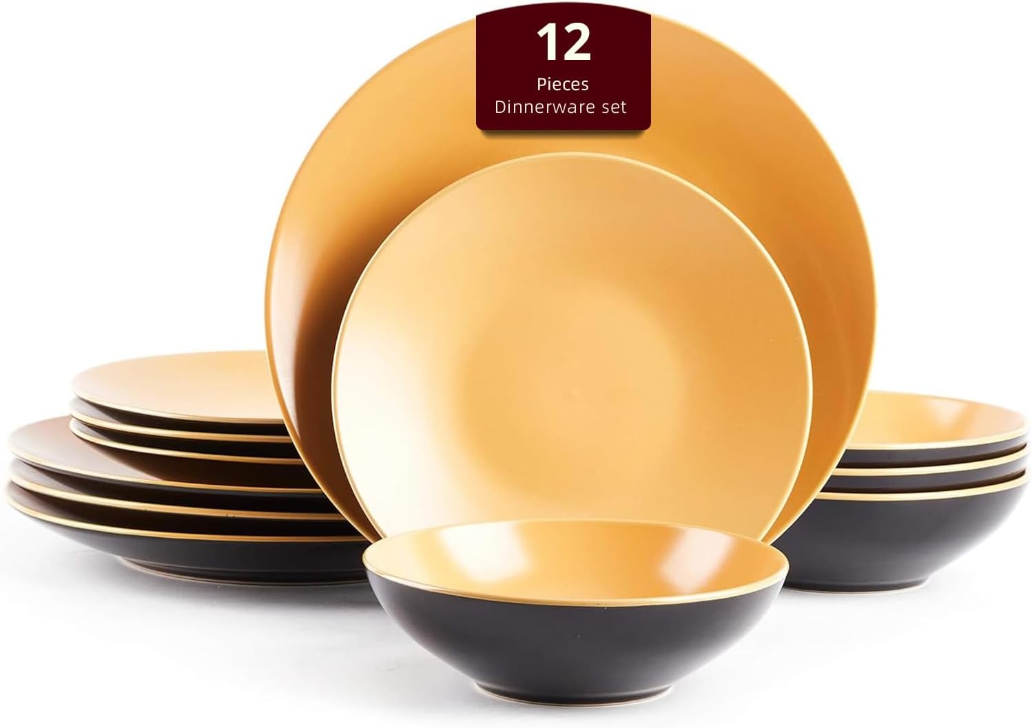 Stoneware Two-Tone Colors Life 16pc Dinner Set，Outside Shiny Black + Inside Matte Glaze Olive