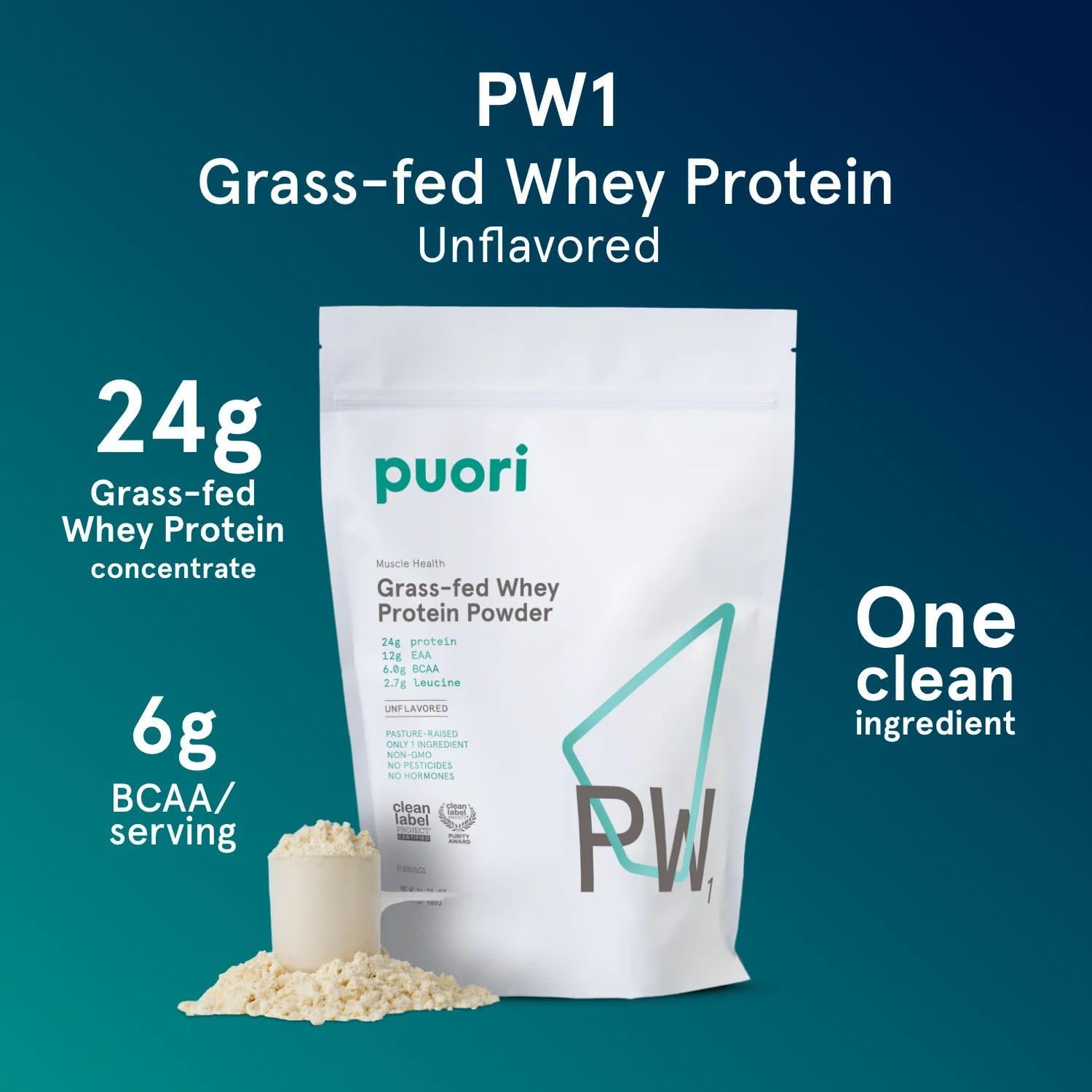 Puori PW1, Grass Fed Whey Protein Powder, Dark Chocolate, 30 Servings | Pasture-Raised Whey Protein Powder Drink Mix containing BCAA Amino Acids - Post-Workout Supplement for Muscle Gain & Recovery