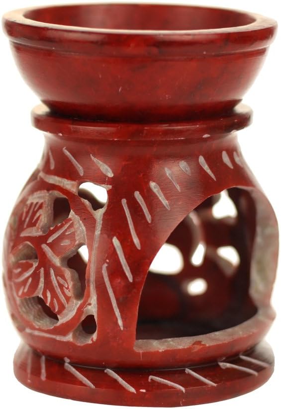 Oil Diffuser - Red Soapstone Oil Burner Round Leaves 3.25"