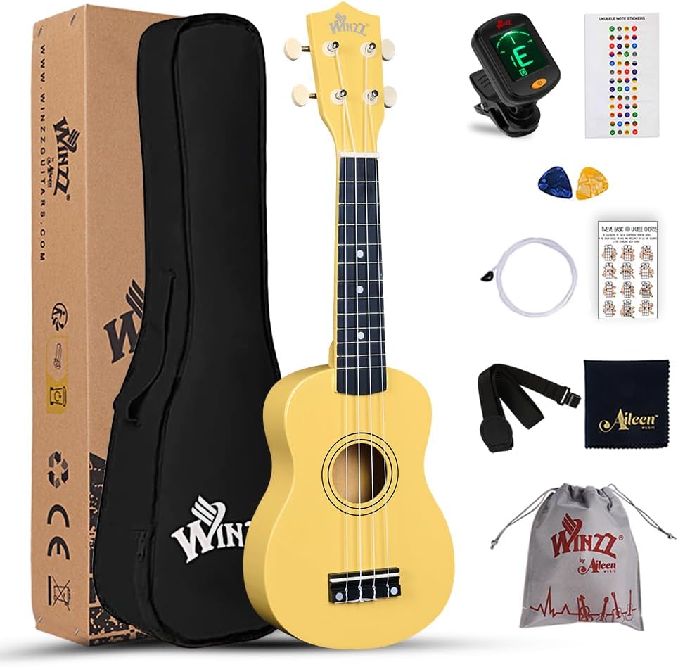 Winzz Soprano Ukulele Starter Kit For Beginners with Bag, Clip-On Tuner, Extra Strings, Strap, Plectrum, Fret Stickers, Chords Card, Polishing Cloth, Black