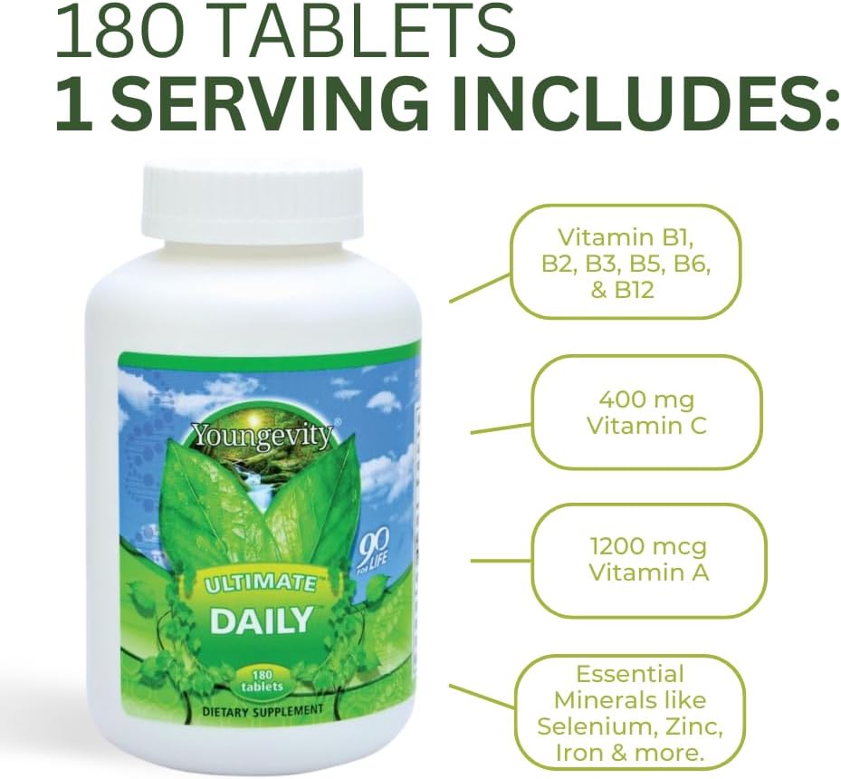 Youngevity Ultimate Daily Multivitamin with CoQ10 and Minerals, 180 Tablets | 20+ vitamins and minerals, CoQ10, vitamins A, C, D and E, zinc, folate, selenium, calcium, enhanced absorption, 180 tablets