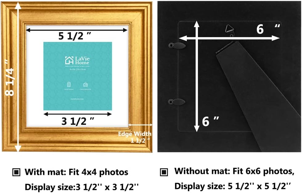LaVie Home 8x8 Picture Frames (1 Pack, Gold) Square Photo Frame Set with High Definition Glass for Wall Mount & Table Top Display