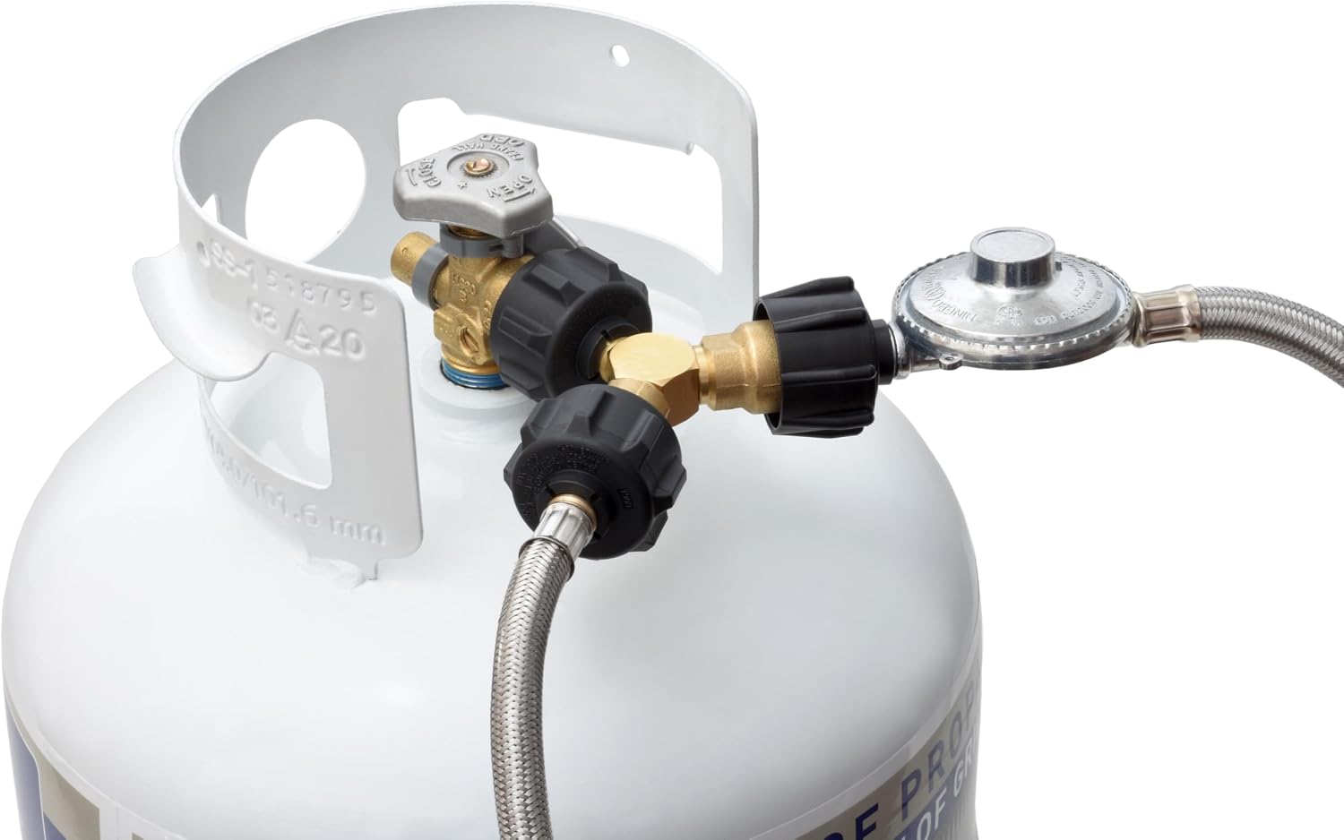 Flame King Propane Tank Y Splitter Adapter with Valves, 2-Way LP Gas Connector for 20lb Propane Tank Cylinders, Works with BBQ Grills, Camping Stoves