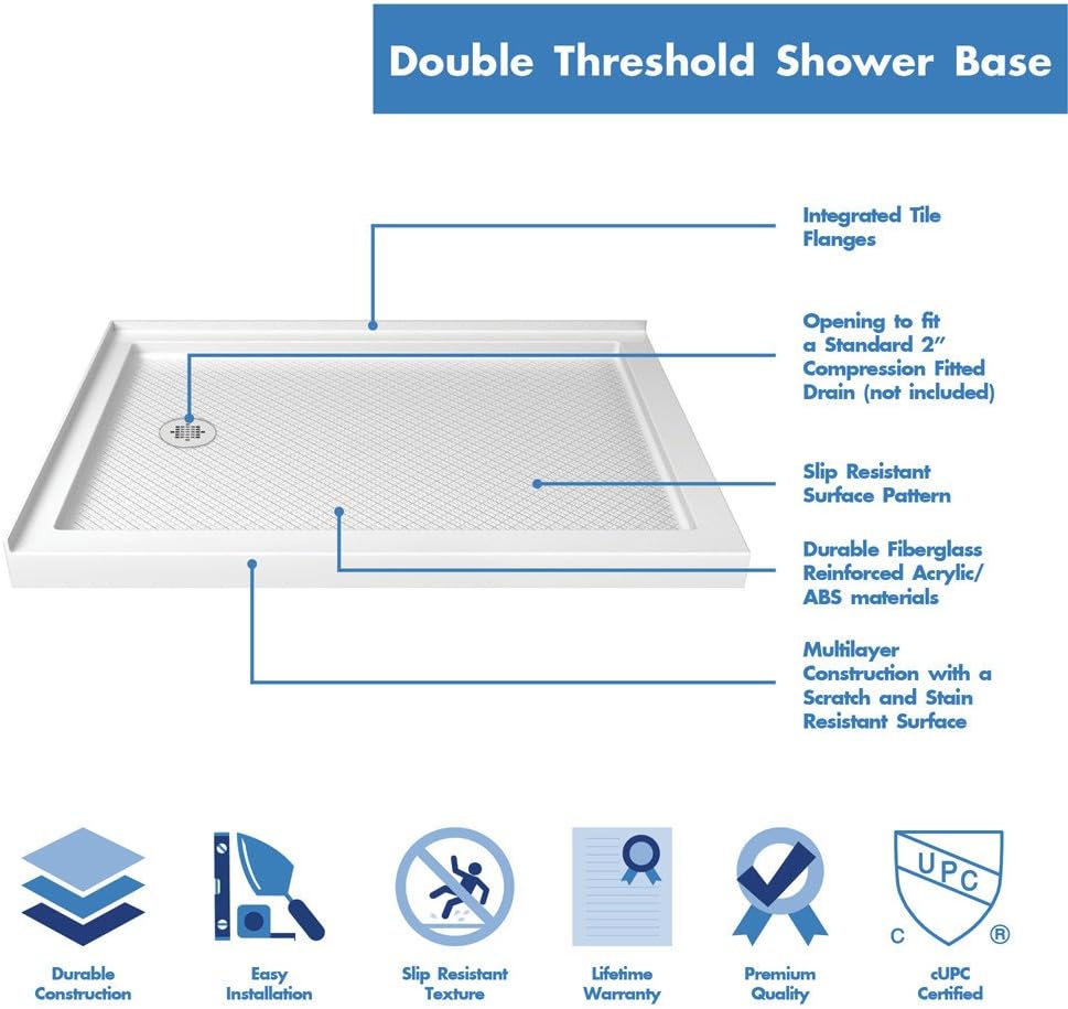 DreamLine SlimLine 34 in. D x 48 in. W x 2 3/4 in. H Right Drain Double Threshold Shower Base in White, DLT-1034482