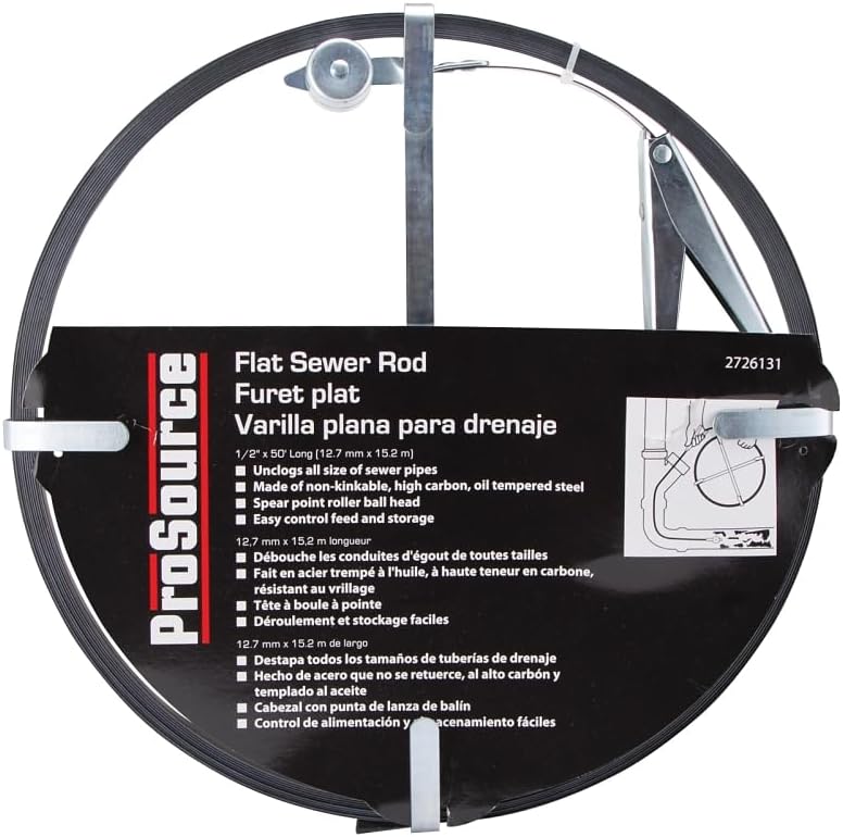 Edward Tools Sewer Rod Snake – 50-Foot Flat Drain Cleaning Rod – Steel Cable with Zinc Plated Frame – Heavy Duty 1/2 Inch Diameter for All