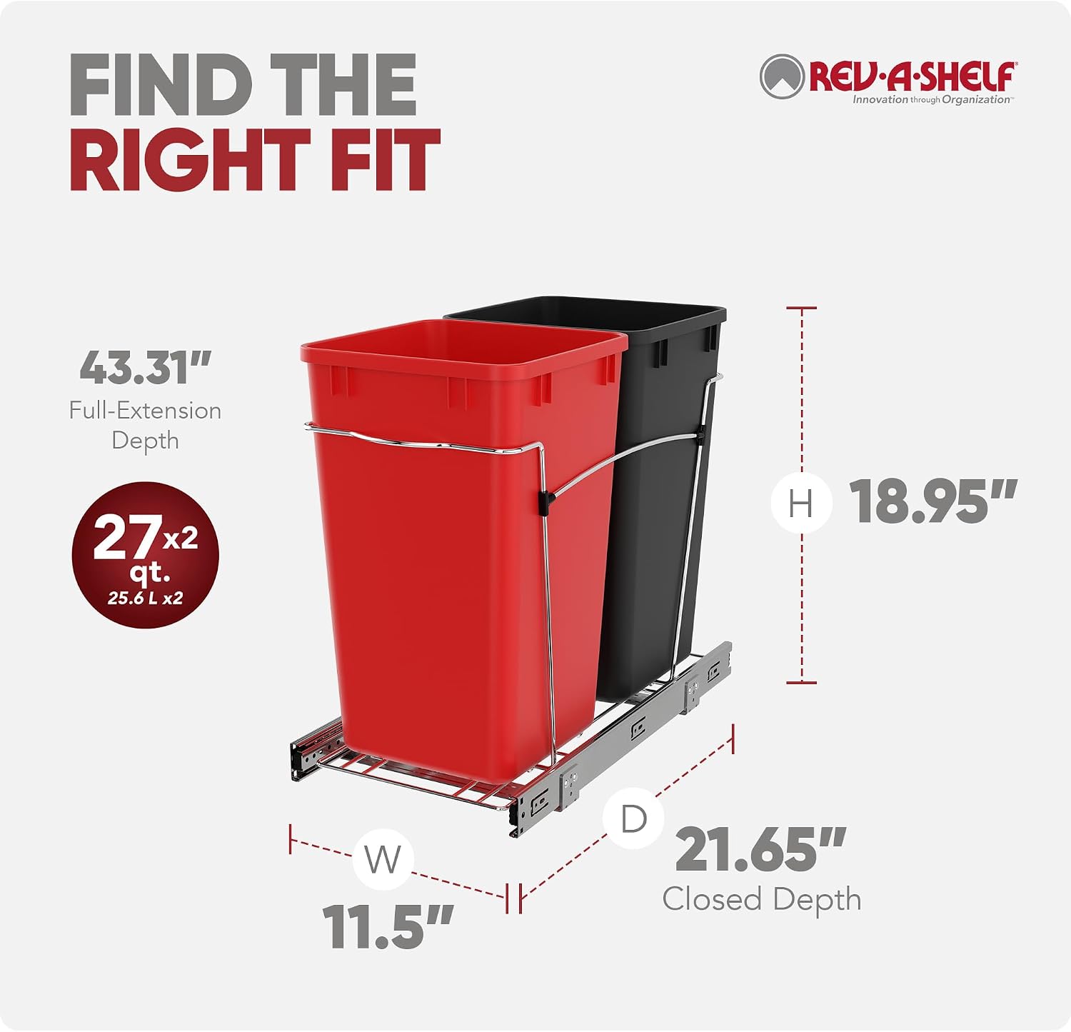 Rev-A-Shelf Double 27 Qt Pullout Trash Can for Base Kitchen Cabinets, Garbage Waste Bin System with Full Extension Slides, Min Opening Width of 11.5", Metallic Silver, RV-15KD-17C S