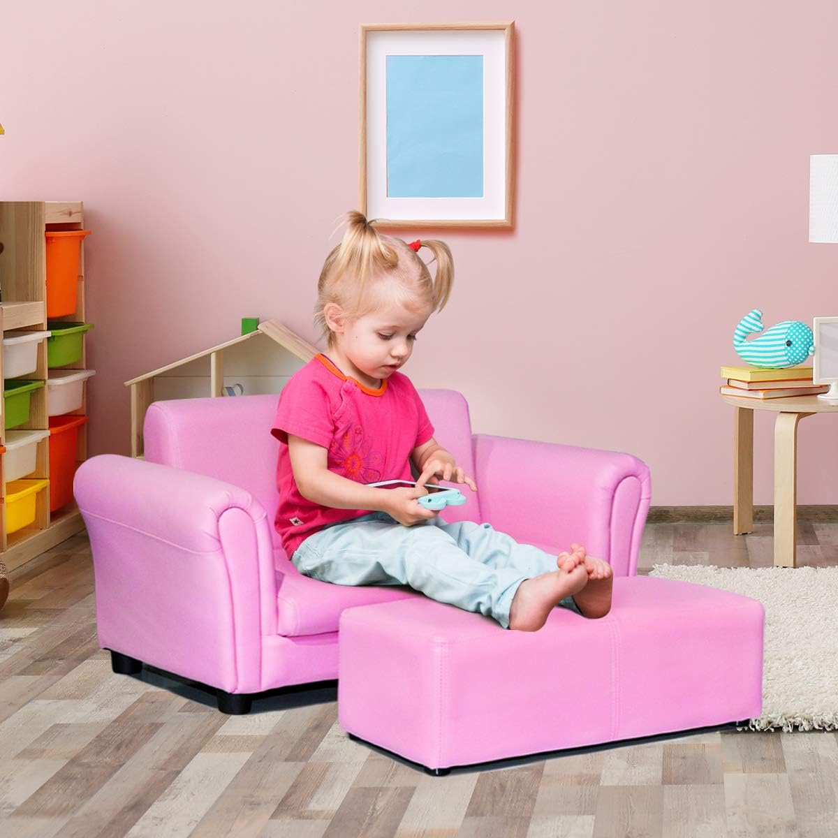 Costzon Kids Couch with Footstool, 2 in 1 Double Seat Children's Sofa w/PU Leather Surface, Armrest Chair Lounge, Soft Kids Sofa for Preschool Bedroom Kids Room Toddlers Boys Girls Birthday (Black)