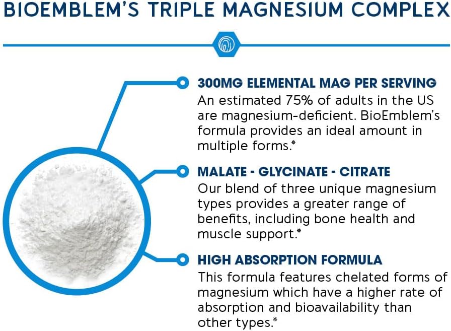 BioEmblem Triple Magnesium Complex | 300mg Magnesium Glycinate, Malate & Citrate | High Absorption Chelated Formula | Vegan, Non-GMO