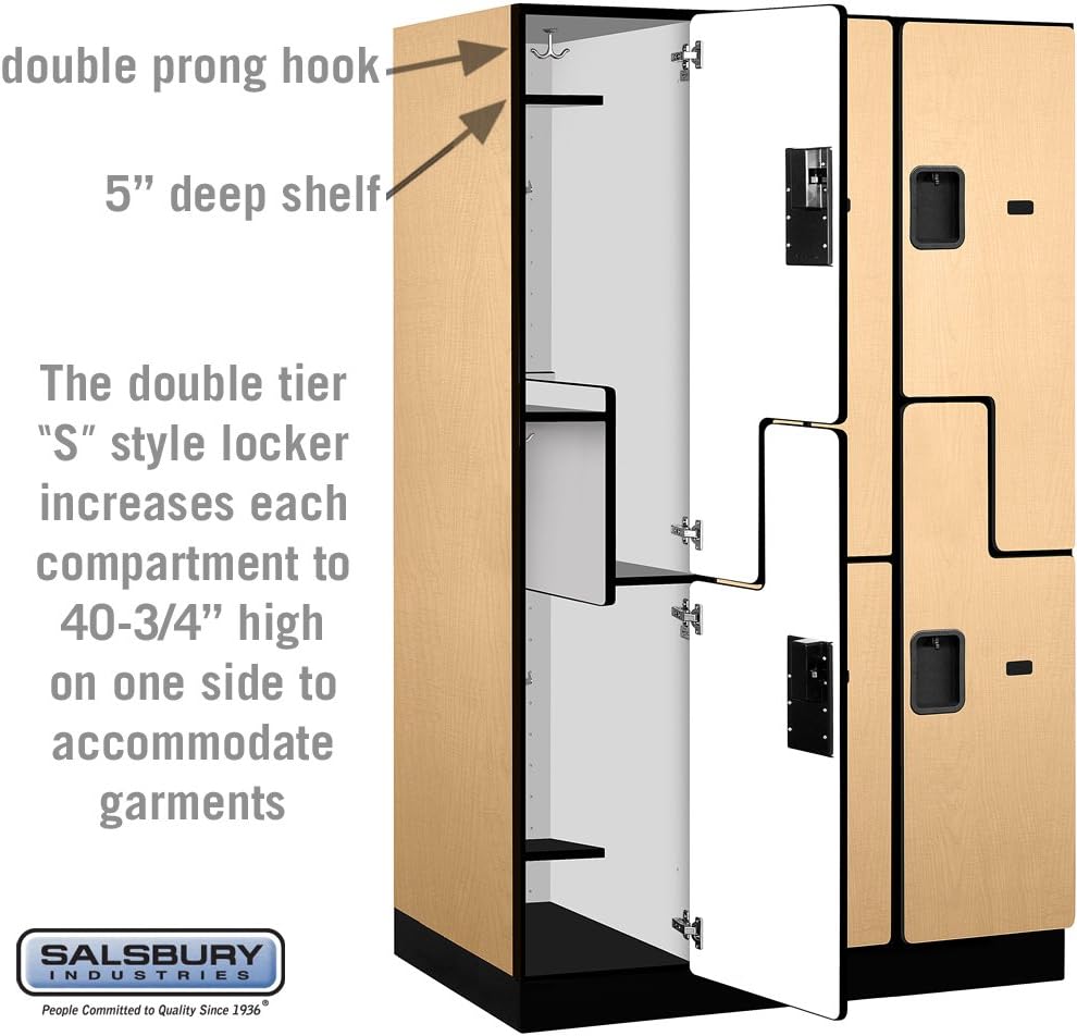 Salsbury Industries 2-Tier S-Style Extra Wide Designer Wood Locker with Three Wide Storage Units, 6-Feet High by 24-Inch Deep, Maple