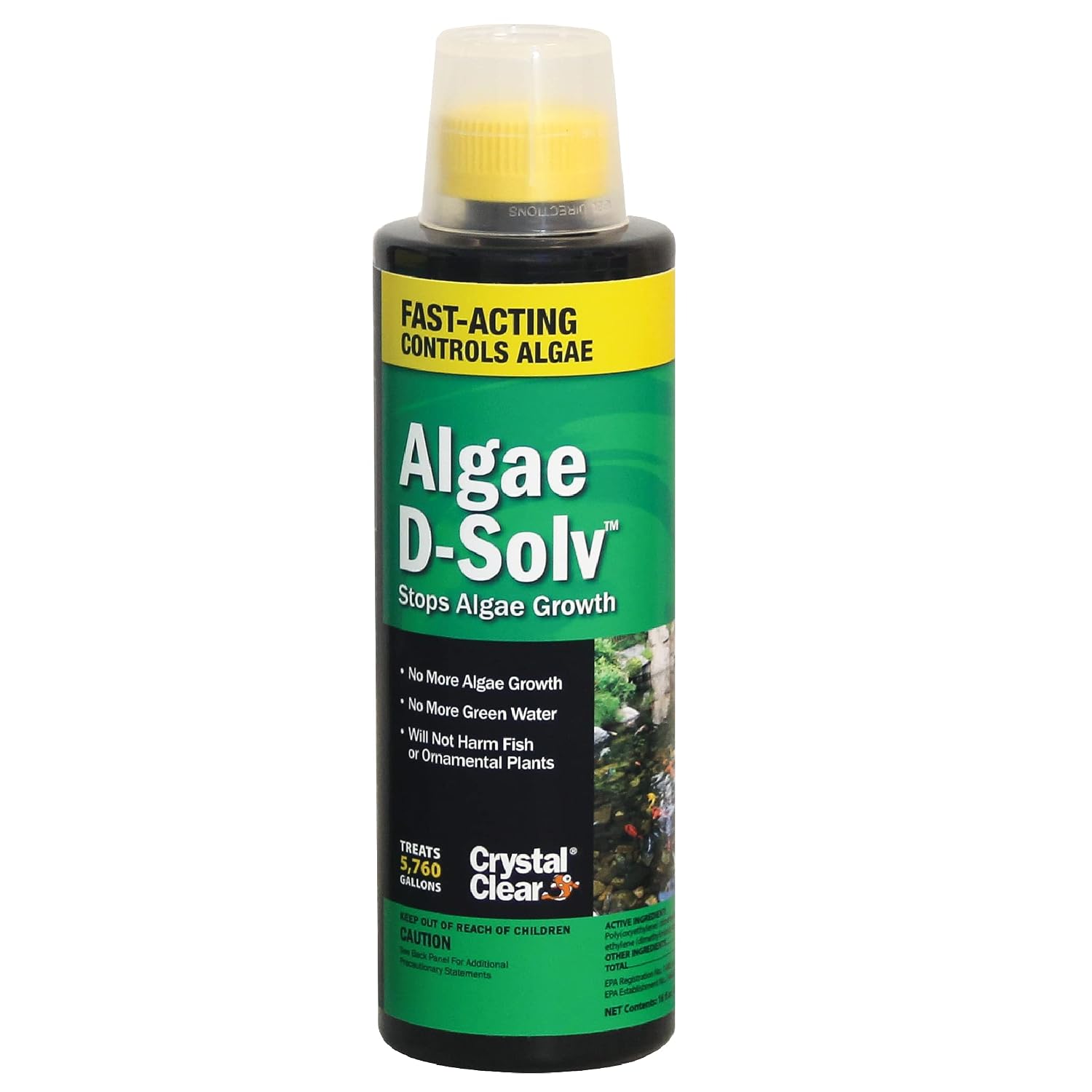 CrystalClear Algae D-Solv EPA Registered Pond Algaecide, 1 Gallon | Fast-Acting algae control for fountains & outdoor ponds containing koi & other fish, 1 gal treats 46,080 gallons.
