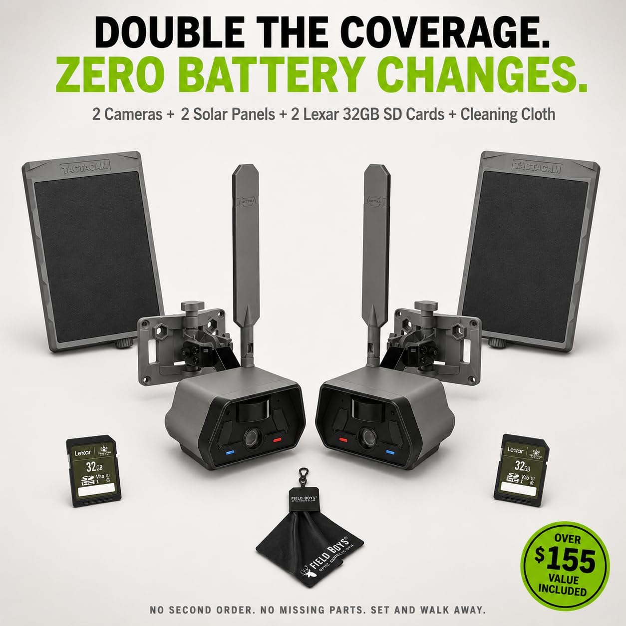 TACTACAM Defend Cellular Security Camera 2-Pack Bundle – 2 Solar Panels + 2 Lexar 32GB SD Cards – 4G LTE No WiFi Needed – Wireless Outdoor